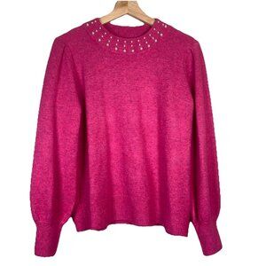 CeCe Women’s Size Large Bright Pink Long Sleeve Pearl Embellished Sweater Barbie